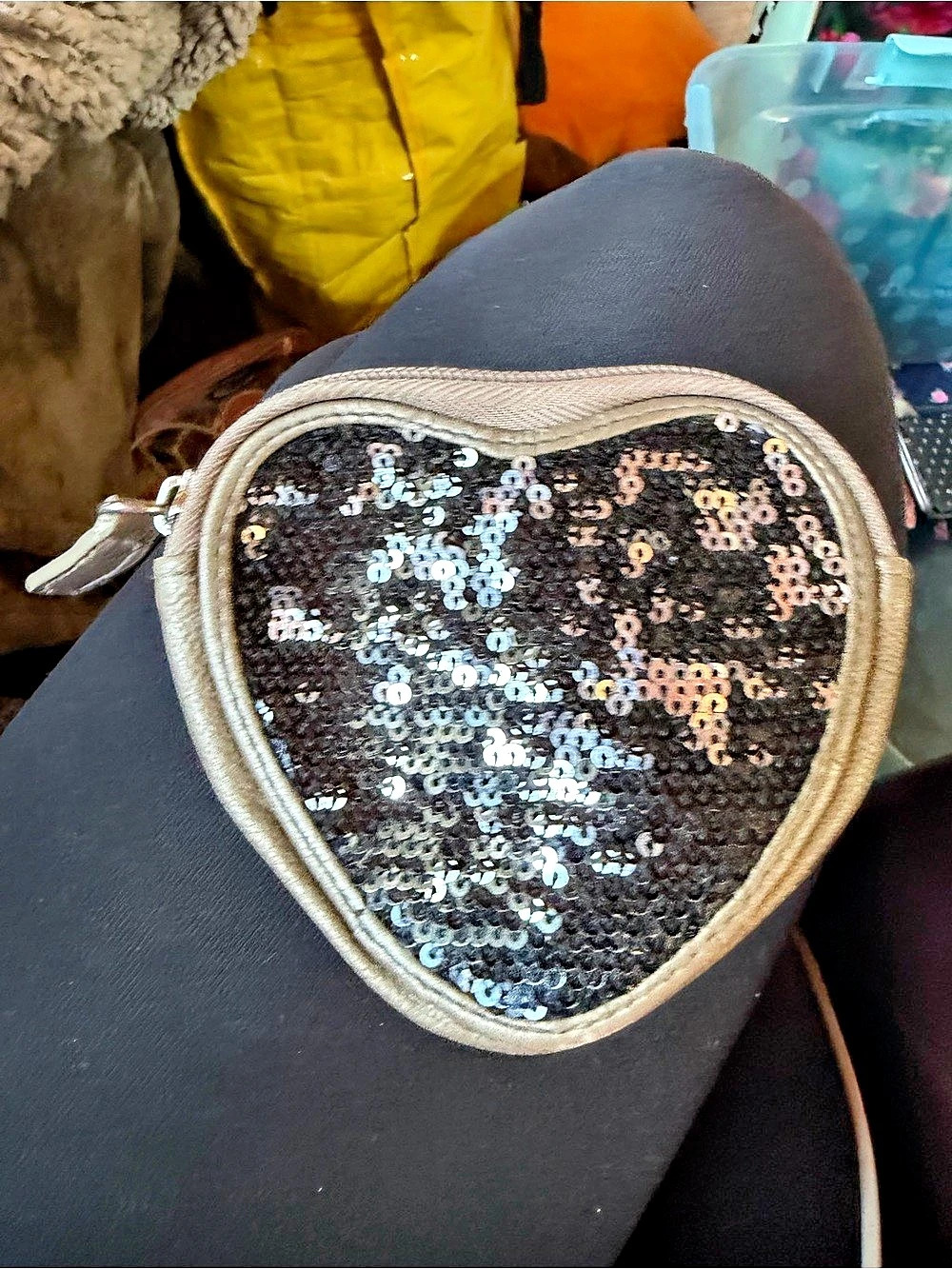 Candie's Heart-Shaped Sequin Cosmetic Bag in Brown & Black